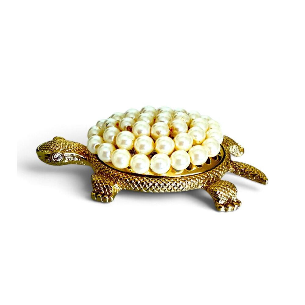 Vintage 1960s Napier Gold Tone Faux Pearl Rhinestone Eye Turtle Brooch Pin